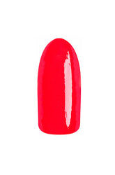 Glossy neon strawberry finish of EZFlow TruGEL Showgirls swatched onto an artificial nail